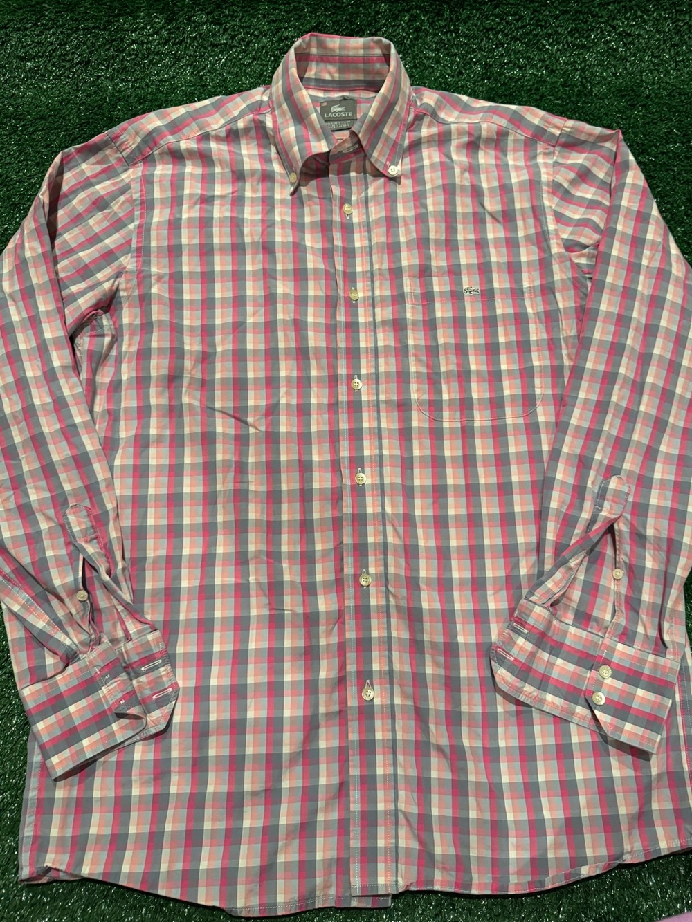 Lacoste Men’s Pink and Light Blue Plaid Button-Down Shirt